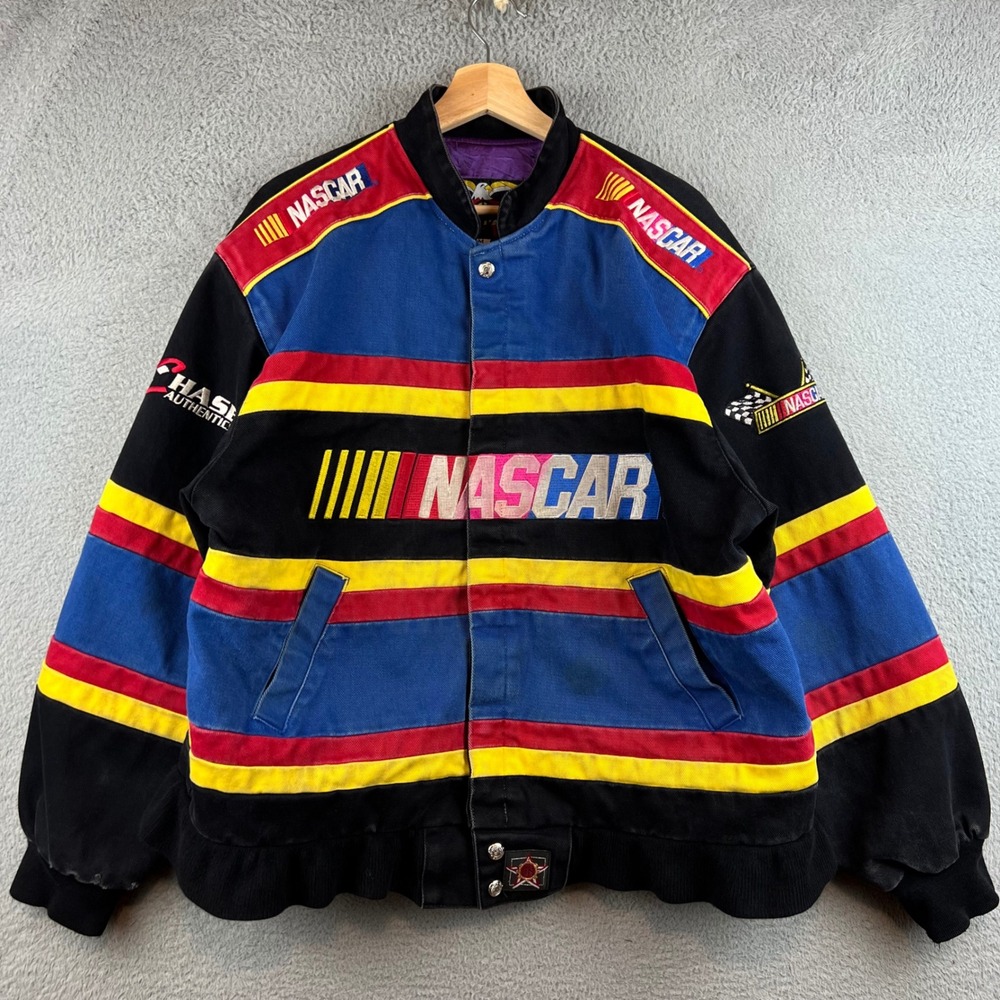 Vintage JH Design NASCAR Racing Jacket Mens Medium Black Blue Cotton Twill USA